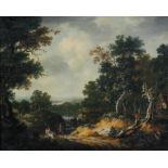 A late 18th/early 19th century Oil on canvas landscape of a woodland with figures