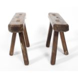 A pair of joint oak three-legged stands, 18th/19th century, perhaps coffin stands,