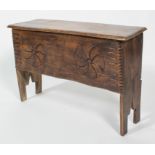 An elm five plank coffer, of diminutive form, with plain hinged top,