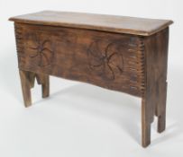 An elm five plank coffer, of diminutive form, with plain hinged top,