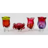 Three Chribska (Czech) Art glass vases, and a bowl, designed by Josef Hospodken, circa 1960,