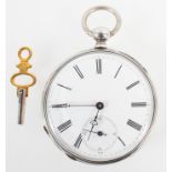 An unmarked white metal open face pocket watch. Circular white dial with Roman numerals.