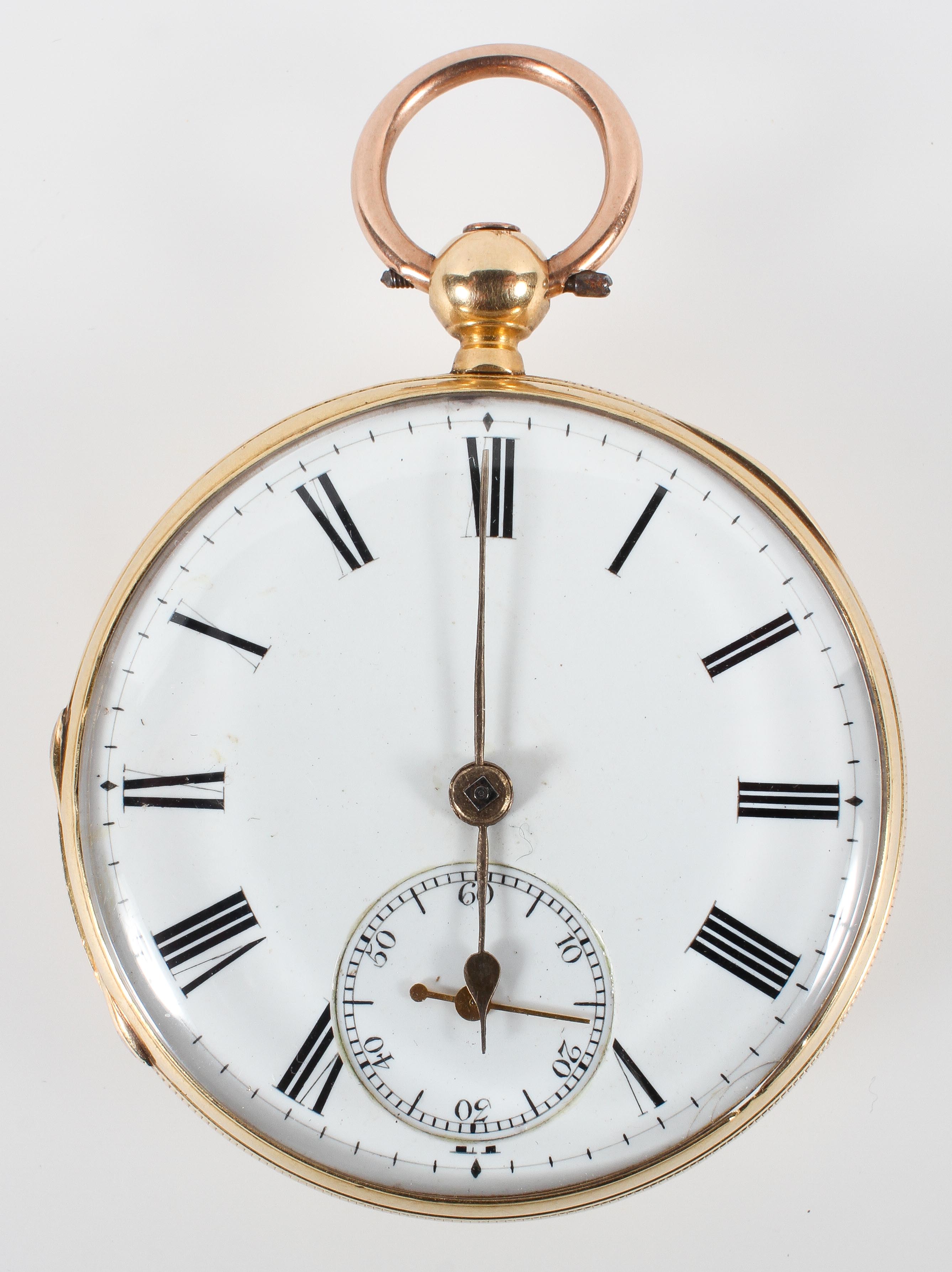 A yellow metal open face pocket watch.