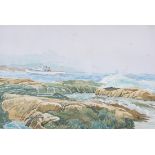 Doug Wright, an original watercolour showing Lobster fisherman at sea off the coast of Maine, USA,