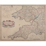 A detailed map of the South West of England, including Cornwall, mounted in a gilt frame, unglazed,