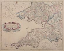 A detailed map of the South West of England, including Cornwall, mounted in a gilt frame, unglazed,