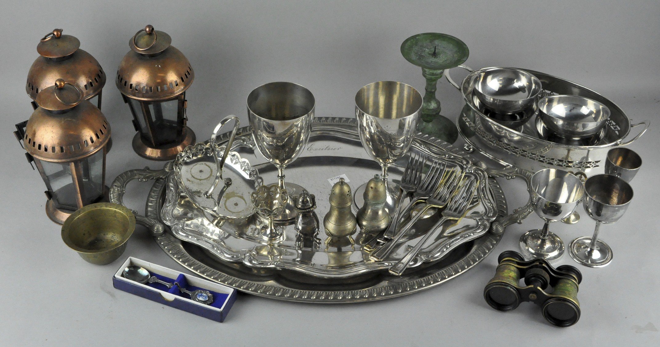 A collection of assorted items, mainly metalware, including two silver plate serving trays,