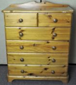 A pine chest of two short and three long drawers,