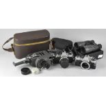 Assorted cameras, including an Olympus, OM10, in case,