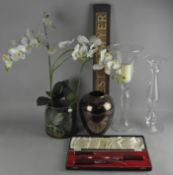 Two vases and two glass candle holders, tallest 51cm high,