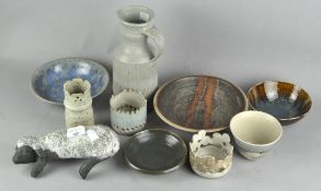 A small collection of Studio pottery, including a Lamb, bowls, jug and vase,