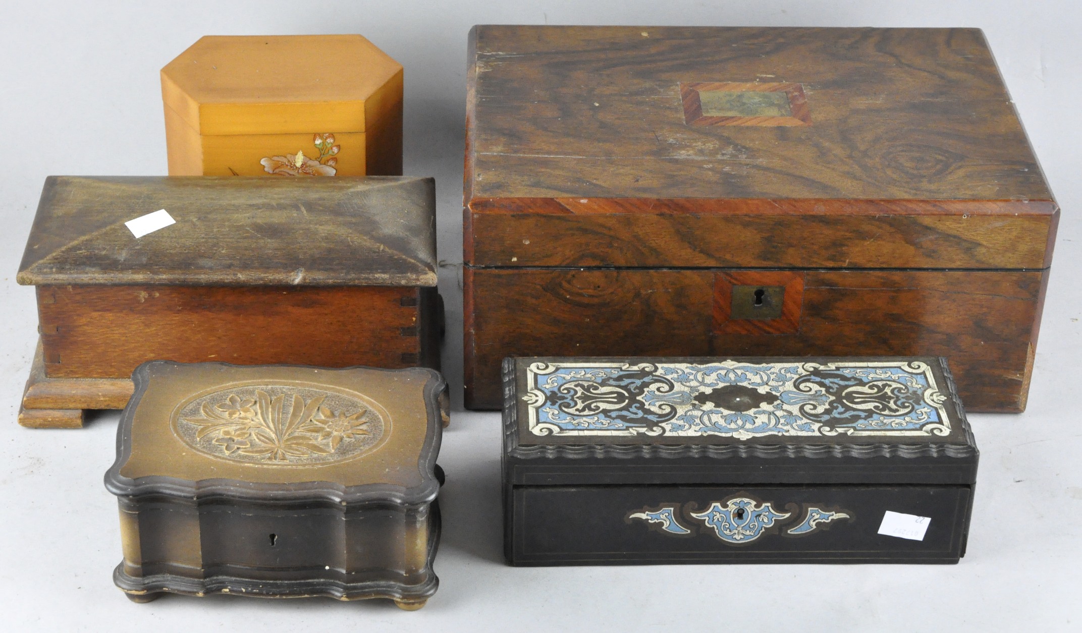 A collection of assorted wooden boxes