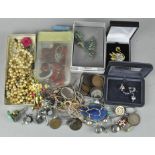 A collection of assorted costume jewellery, including a part 9ct gold bracelet,