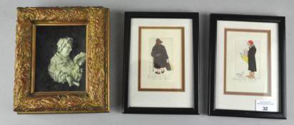 A framed relief of an old lady reading, 12cm x 9.5cm; with two small limited edition prints