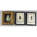 A framed relief of an old lady reading, 12cm x 9.5cm; with two small limited edition prints