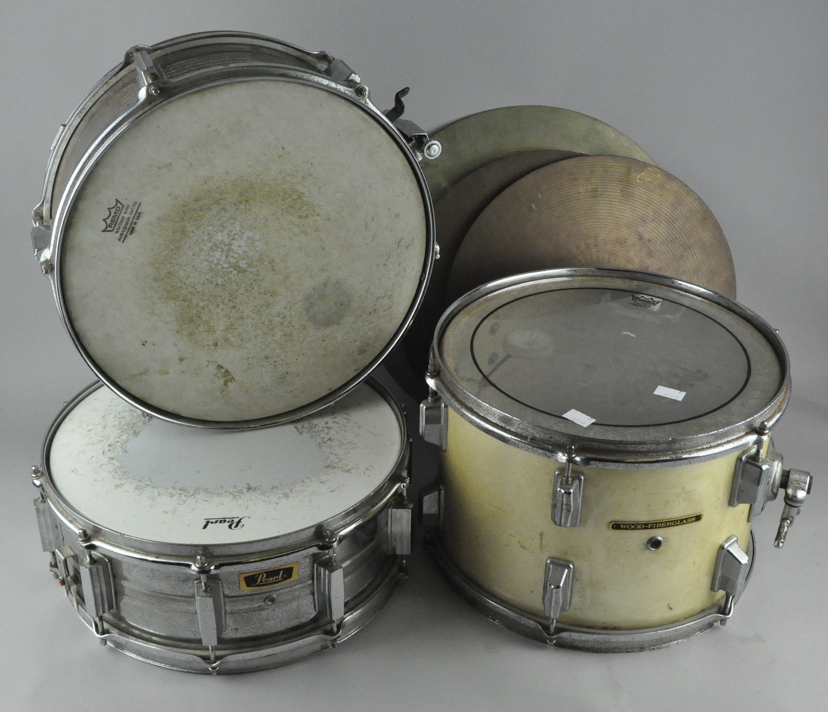Mixed musical items, Two Pearl drums, a snare drum, three cymbals and a Lindaco Voice projector