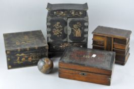 A quantity of wooden and tin boxes, to include a Japanese lacquered wood tabletop cabinet,