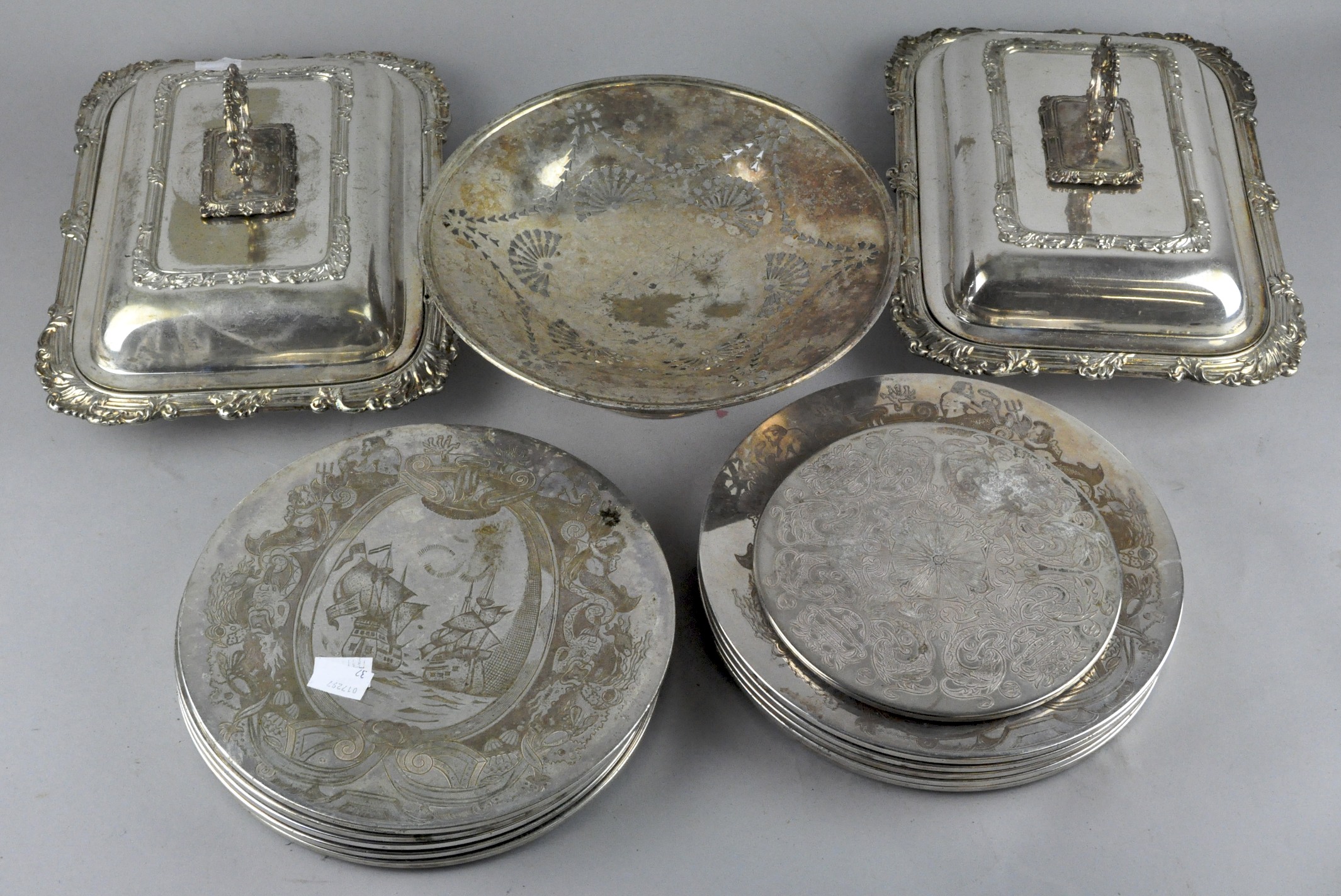 A quantity of silver plate, to include a pair of silver plated entree dishes, a pierced comport,