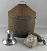 A vintage GPO telephone, together with a chromed bell (lacking clapper) and a metal hat box