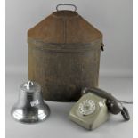 A vintage GPO telephone, together with a chromed bell (lacking clapper) and a metal hat box