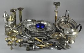 Assorted silver plated items, including candle sticks, sugar castor,