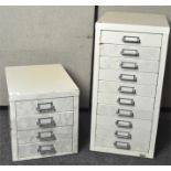 Two metal filing cabinets, one ten drawer, the other 4 drawer,