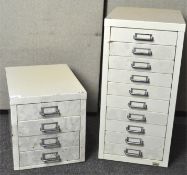 Two metal filing cabinets, one ten drawer, the other 4 drawer,