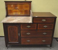 A kitchen mahogany unit washstand, marble section to top with tiled back,