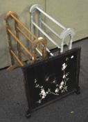 Two wooden towel rails, one painted white, together with a fire screen and a small stool,