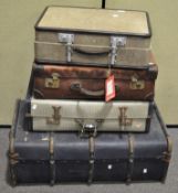 Three vintage suitcases and a wooden bound steamer trunk,