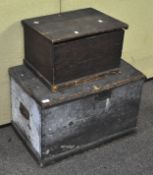 A pine travelling box with iron carry handles, 73cm wide,