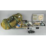 A group of sporting related items, including fishing reels, flies and tackle, a shooting stick,
