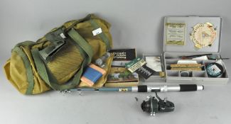 A group of sporting related items, including fishing reels, flies and tackle, a shooting stick,