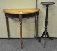 A burr-wood demi lune side table, 76cm wide x 39cm deep; together with a jardiniere stand,