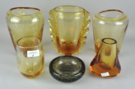 A collection of six Whitefriars vases and a dish,