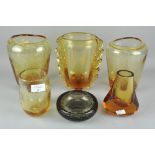 A collection of six Whitefriars vases and a dish,