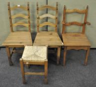 A pair of kitchen chairs, 102 cm high, together with another chair and stool