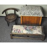 An oak sewing box with upholstered cushion top,