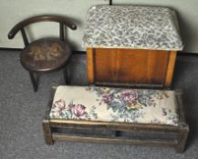 An oak sewing box with upholstered cushion top,
