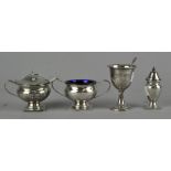 A three piece silver part condiment set, comprising twin handled open salt,