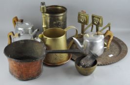 A group of brass and copper items together with a pique tea set