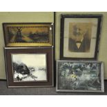A group of four pictures, including a print of a man, abstract winter landscape and more,