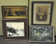 A group of four pictures, including a print of a man, abstract winter landscape and more,