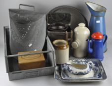 Two galvanised scoops, some stoneware and enamel items