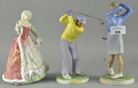 Two Coalport figures;' First tee' and 'Ladies day', together with a Royal Doulton lady