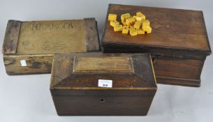 A Victorian mahogany work box, rosewood tea caddy and an egg box,