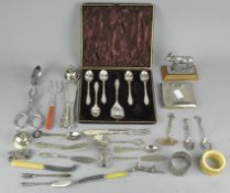 A collection of silver plated items, to include Scottish silver thistle spoons...