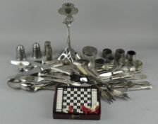 A collection of silver plate flatware and some silver lidded pot etc