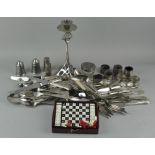 A collection of silver plate flatware and some silver lidded pot etc