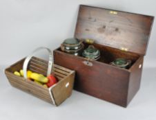 A vintage lidded wooden storage box, 45cm wide, containing three glass jars,